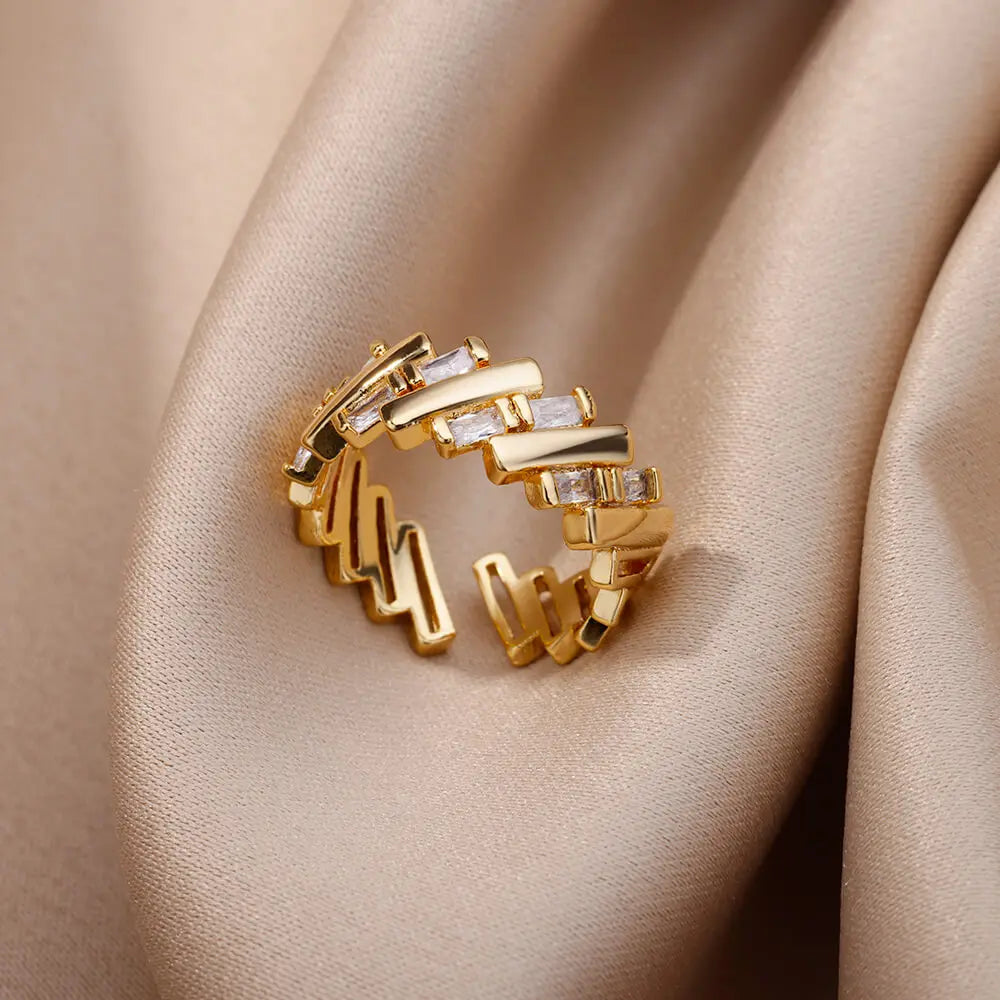Gold Zircon Bar Open Ring – Stainless Steel Adjustable Luxury Wedding Jewelry for Women