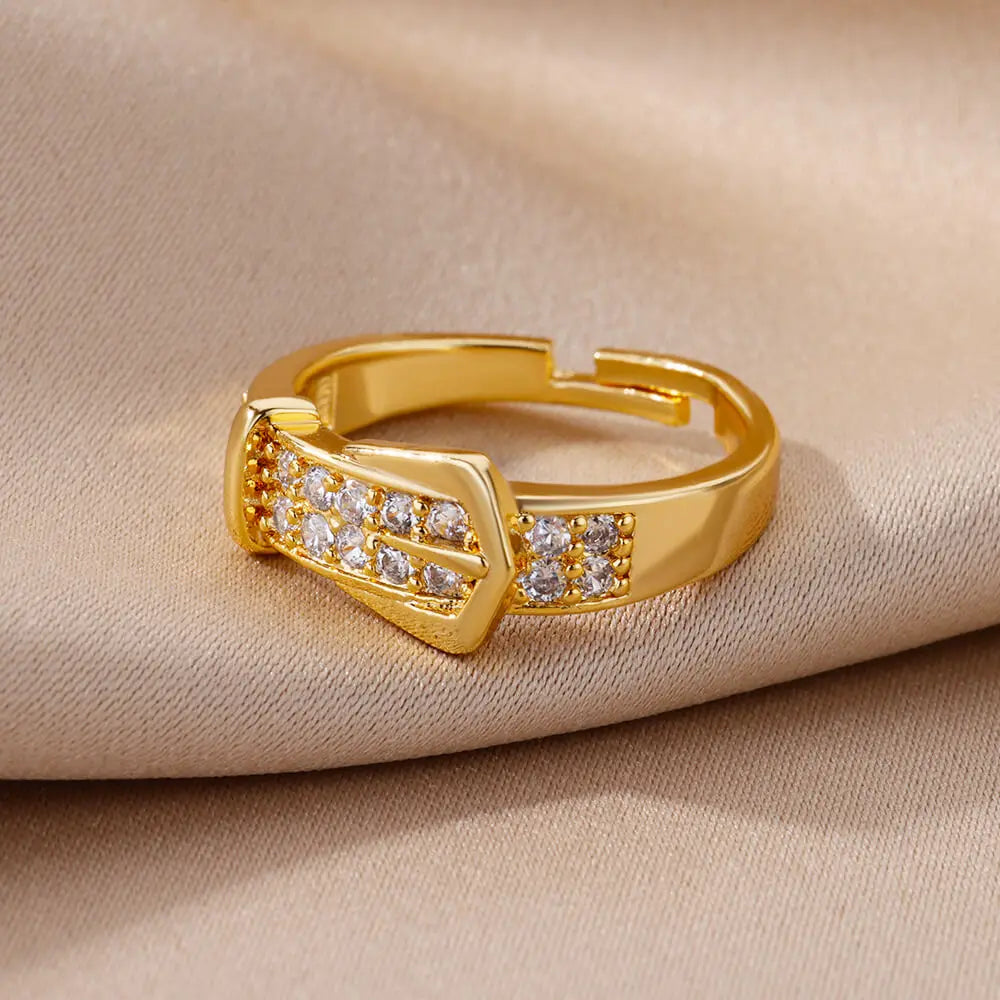Stainless Steel Belt Ring – Gold-Plated Adjustable Zircon Women’s Geometric Wedding Jewelry