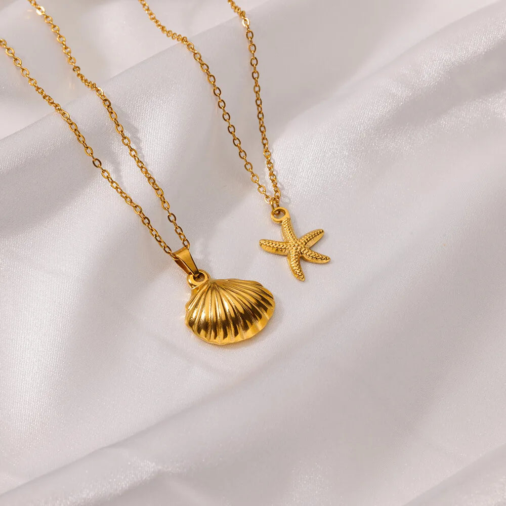 ✨ Vintage Starfish & Shell Necklace for Women – Gold Stainless Steel Ocean Pendant | Summer Jewelry Gift for BFF