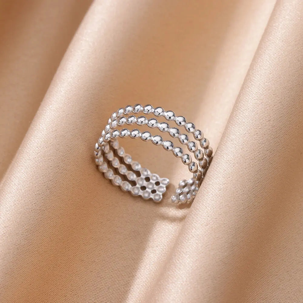 Stainless Steel Beads Design Ring – Gold Color Adjustable Wedding & Party Jewelry for Women