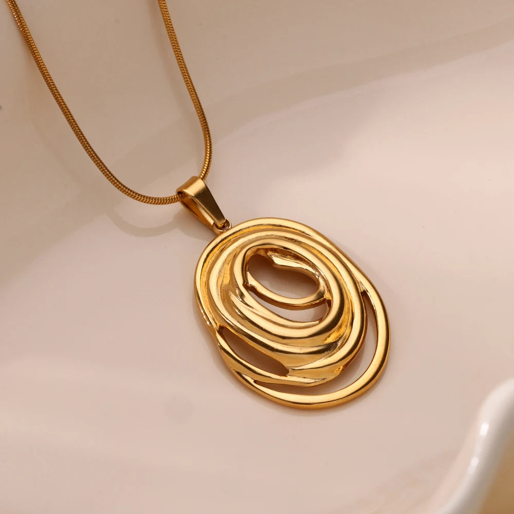 ✨ Hollow Geometric Oval Pendant Necklace for Women – Gold Color Stainless Steel | Trendy Party & Wedding Jewelry Gift