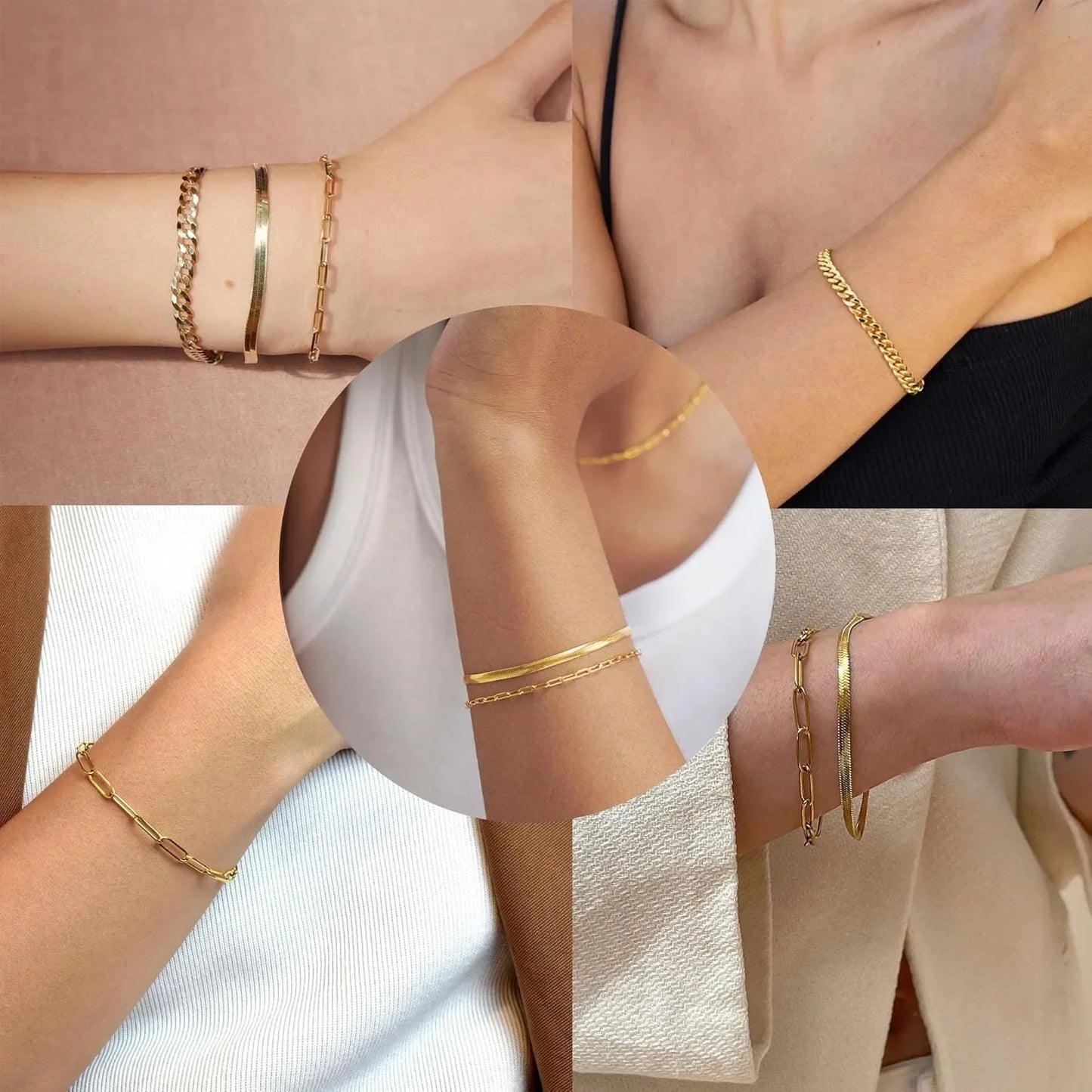 Gold Bracelet Set for Women | Beaded, Cuban, Paperclip, Snake & Rope Stack | Trendy Layered Charm Bracelets Gift
