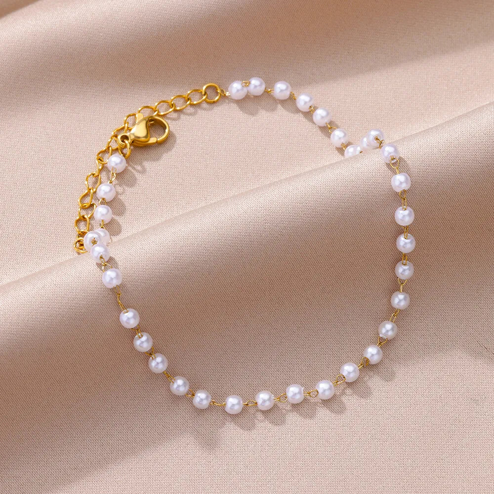 β¨ Elegant Pearl Chain Anklet for Women | 18K Gold Plated Stainless Steel Summer Beach Jewelry Gift