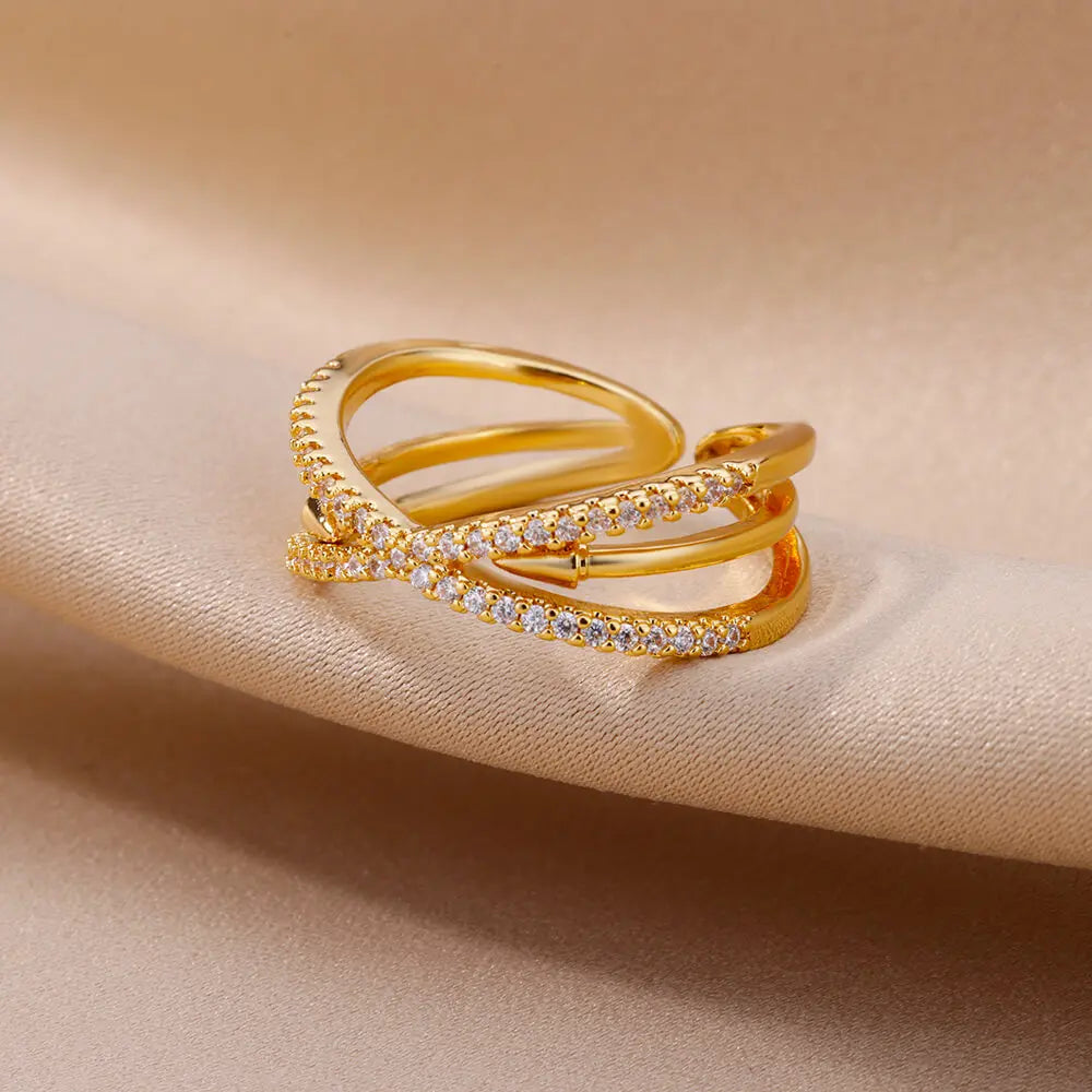Gold Zircon Cross Open Ring – Stainless Steel Wedding & Party Jewelry for Women
