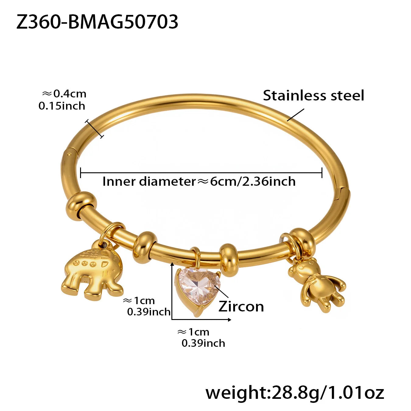 Liora Stainless Steel Little Bear & Heart Zircon Bangle – Women’s Gold Plated Bracelet | Romantic Wedding & Gift Jewelry