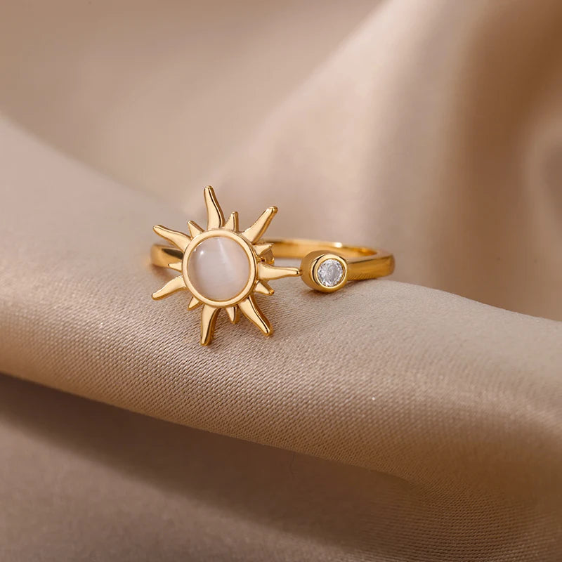 ✨ Rotating Sun Opal Ring for Women | Stainless Steel Adjustable Open Ring | Retro Party Jewelry Gift