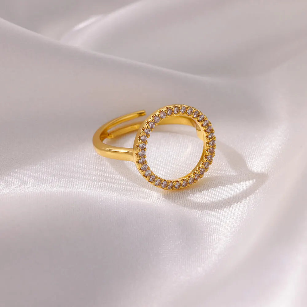 Fashion Zircon Hollow Round Rings for Women Stainless Steel Gold Color Adjustable Wedding Ring Aesthetic Jewelry Gift anillos