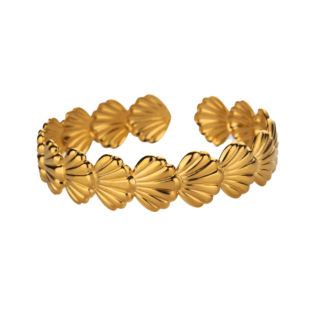 π Shell Cuff Bracelet for Women | Gold Color Stainless Steel Open Bangle | Luxury Summer Beach Jewelry Gift