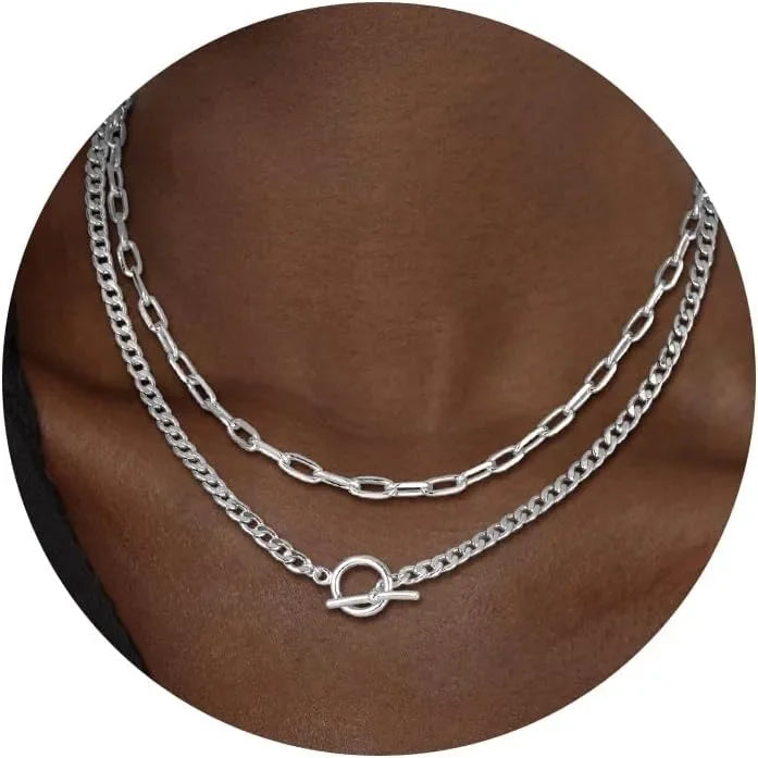 ✨ Gold Layered Necklace for Women – K Gold Plated Cuban Link & Paperclip Chain with Toggle Clasp | Trendy Jewelry Gift