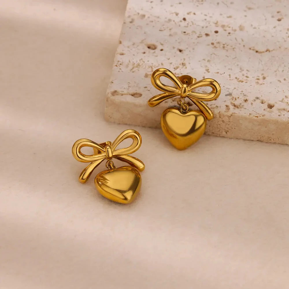 ✨ Cute Bow Heart Stud Earrings for Women – Gold Stainless Steel Piercing Jewelry | 2024 Wedding & Party Gift