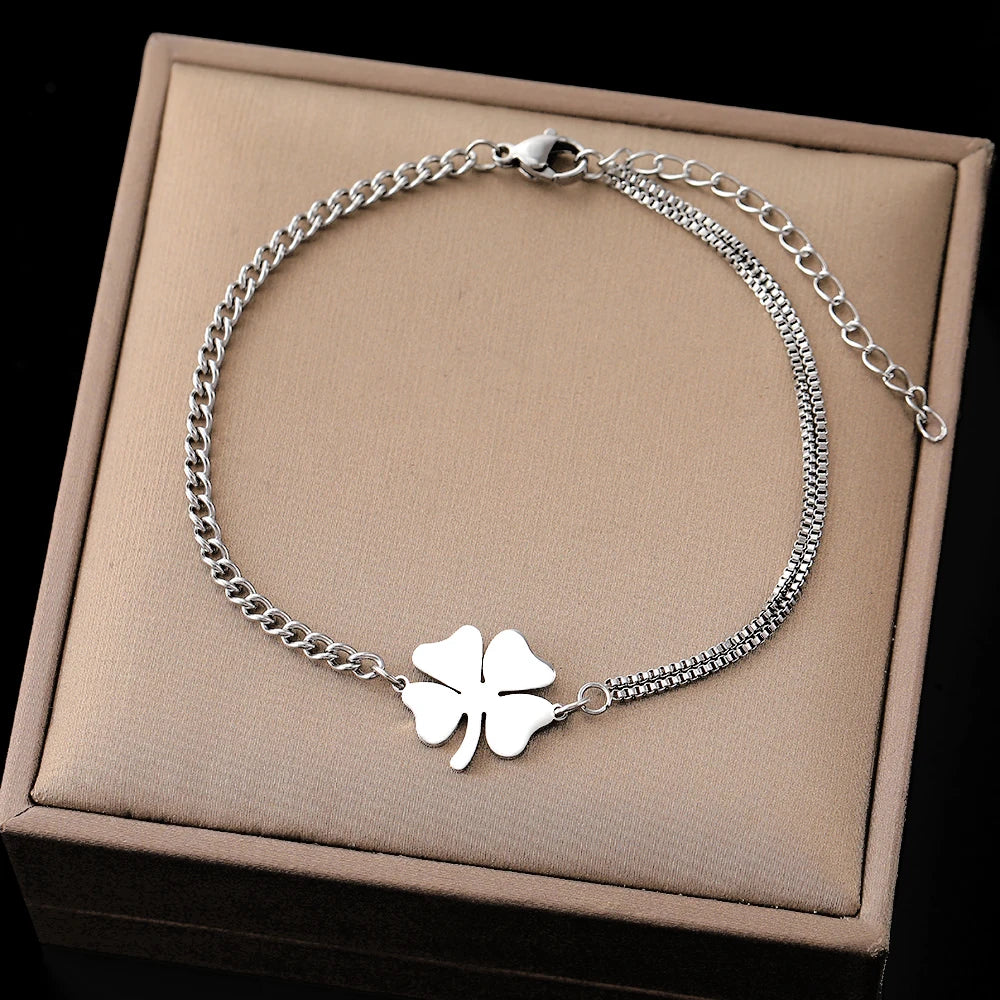 Stainless Steel Lucky Clover Bracelet for Women | Non-Fading High-Polished Pendant | Trendy Hip Hop Everyday Jewelry Gift