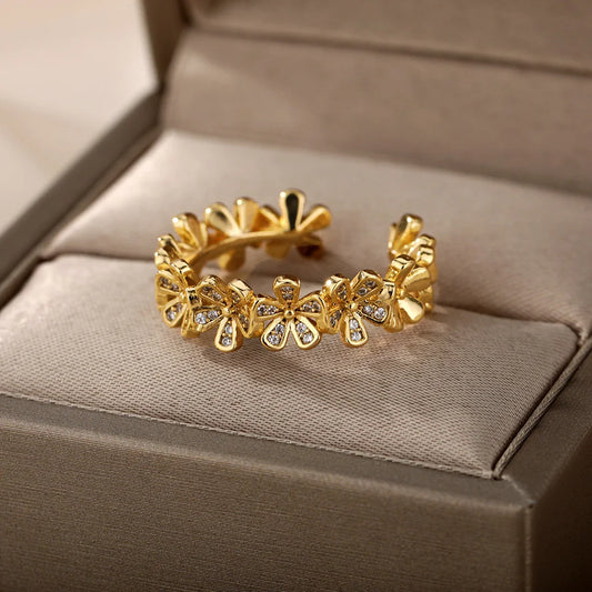 Adjustable Flower Zircon Stainless Steel Open Ring for Women – Gold Plated Floral Jewelry Gift
