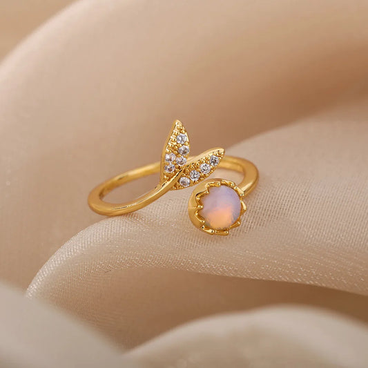 Elegant Opal Leaf Ring for Women – Stainless Steel Bohemian Wedding Band & Anniversary Gift