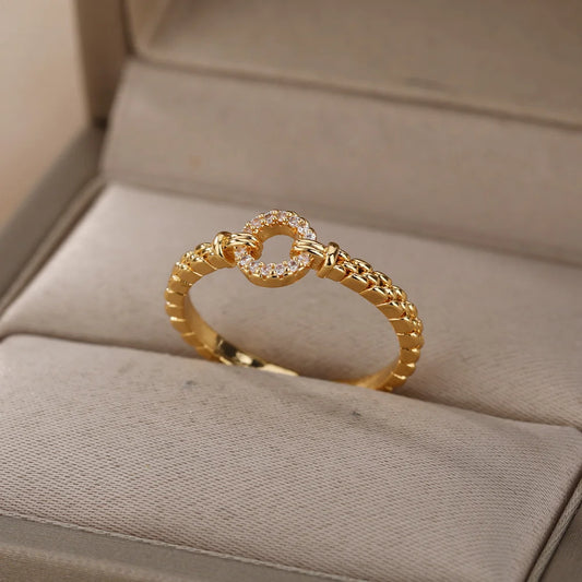 Zircon Round Chain Ring – Adjustable Gold Plated Stainless Steel Punk Rock Jewelry Gift for Women