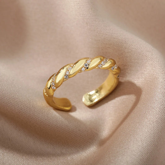 Zircon Twisted Gold Open Ring – Punk Stainless Steel Geometric Jewelry for Women