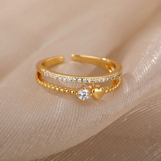 Double Heart Zircon Gold Stainless Steel Ring for Women – Wedding & Engagement Jewelry Gift