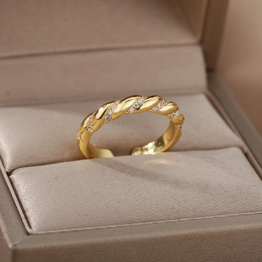 Zircon Twisted Gold Open Ring – Punk Stainless Steel Geometric Jewelry for Women