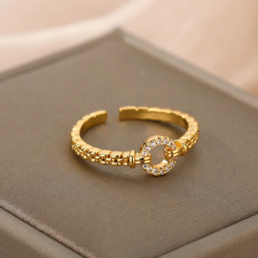 Zircon Round Chain Ring – Adjustable Gold Plated Stainless Steel Punk Rock Jewelry Gift for Women