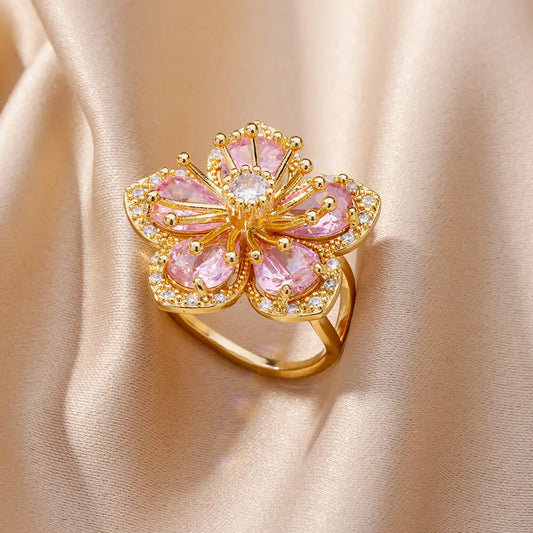 Pink Zircon Flower Ring – Gold Stainless Steel Floral Jewelry for Women