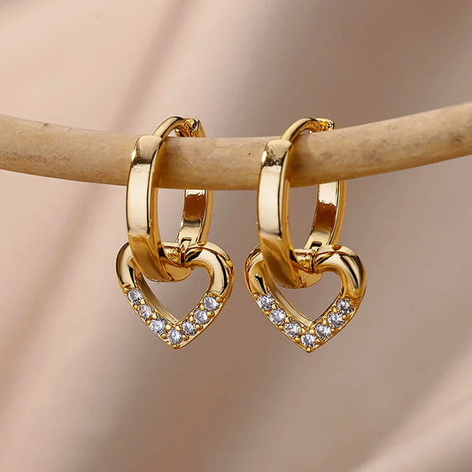 ✨ Hollow Zircon Heart Earrings for Women – Gold Stainless Steel Luxury Studs | Wedding, Couple & Gift Jewelry