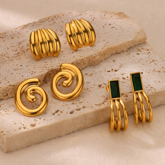 ✨ Vintage Irregular Claw Hook Earrings – Gold Stainless Steel Striped Studs for Women | Party, Wedding & Gift Jewelry