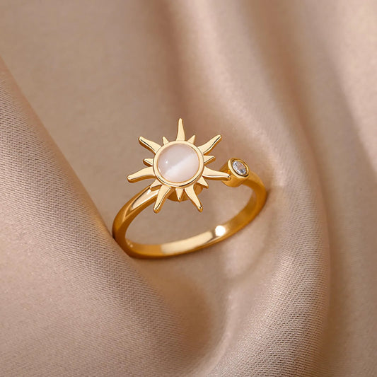 ✨ Rotating Sun Opal Ring for Women | Stainless Steel Adjustable Open Ring | Retro Party Jewelry Gift