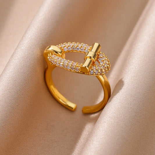 Elegant Gold Oval Zircon Open Ring – Stainless Steel Wedding & Friendship Jewelry for Women
