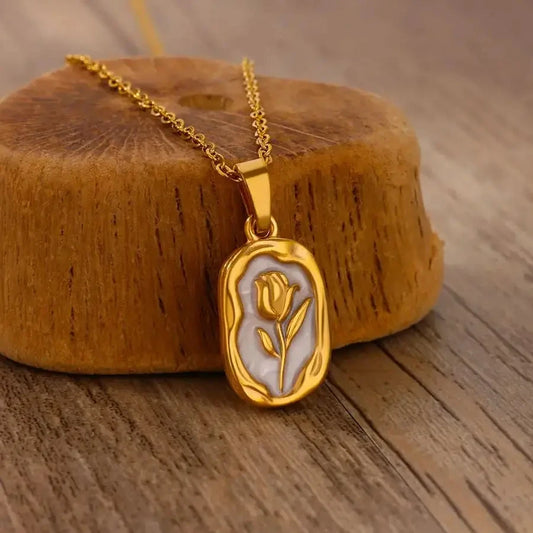 ✨ Rose Flower Pendant Necklace for Women – Gold Stainless Steel Tulip Charm | Wedding & Birthday Jewelry Gift
