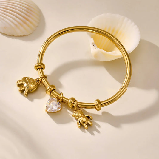 Liora Stainless Steel Little Bear & Heart Zircon Bangle – Women’s Gold Plated Bracelet | Romantic Wedding & Gift Jewelry