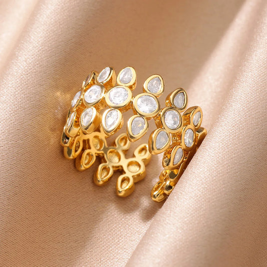 White Zircon Geometric Gold Stainless Steel Adjustable Ring for Women