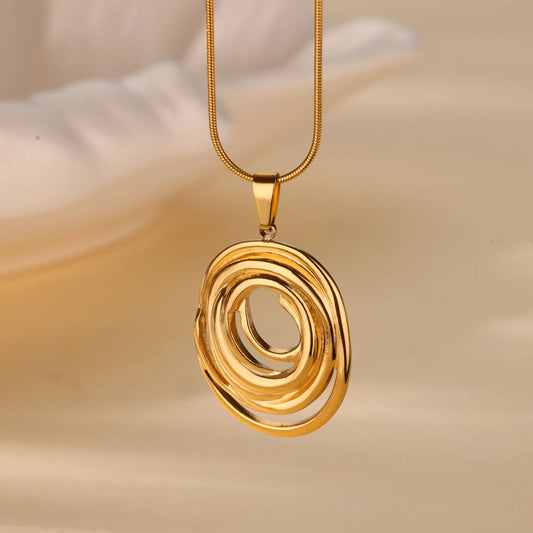 ✨ Hollow Geometric Oval Pendant Necklace for Women – Gold Color Stainless Steel | Trendy Party & Wedding Jewelry Gift