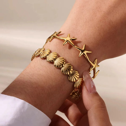 🌟 Shell Cuff Bracelet for Women | Gold Color Stainless Steel Open Bangle | Luxury Summer Beach Jewelry Gift