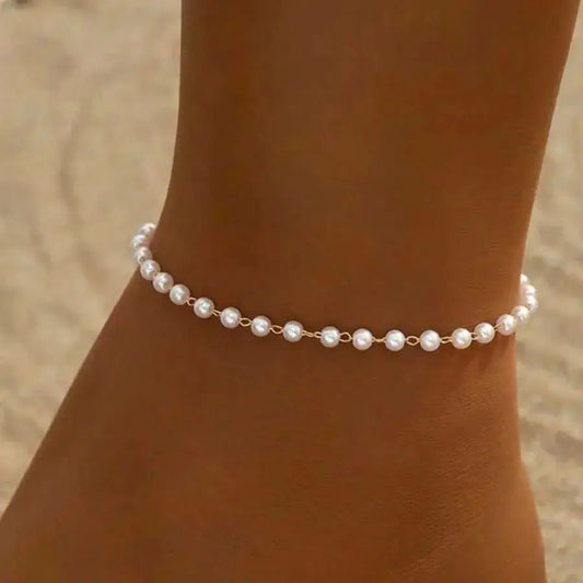 ✨ Elegant Pearl Chain Anklet for Women | 18K Gold Plated Stainless Steel Summer Beach Jewelry Gift