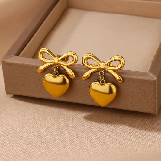 ✨ Cute Bow Heart Stud Earrings for Women – Gold Stainless Steel Piercing Jewelry | 2024 Wedding & Party Gift