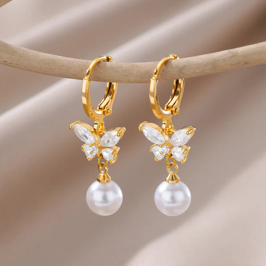 ✨ Gold-Plated Butterfly Zircon & Pearl Drop Earrings – Stainless Steel Luxury Jewelry for Women | Aesthetic Gift 2023