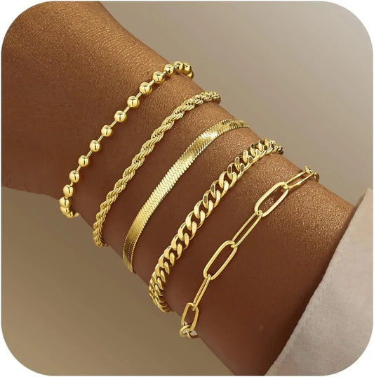 Gold Bracelet Set for Women | Beaded, Cuban, Paperclip, Snake & Rope Stack | Trendy Layered Charm Bracelets Gift