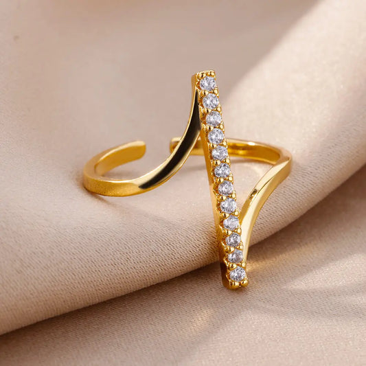 Luxury Gold Geometric Zircon Open Ring – 18K Plated Stainless Steel Wedding & Party Jewelry for Women