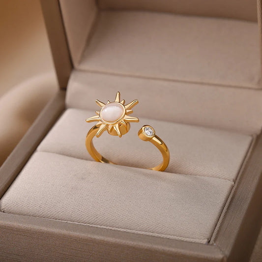 ✨ Rotating Sun Opal Ring for Women | Stainless Steel Adjustable Open Ring | Retro Party Jewelry Gift