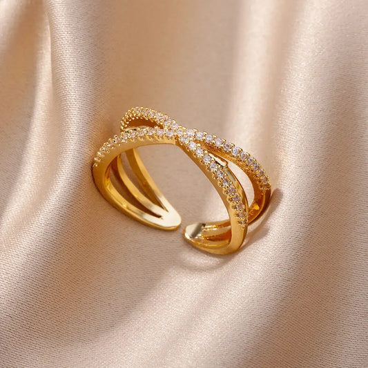 Gold Zircon Cross Open Ring – Stainless Steel Wedding & Party Jewelry for Women