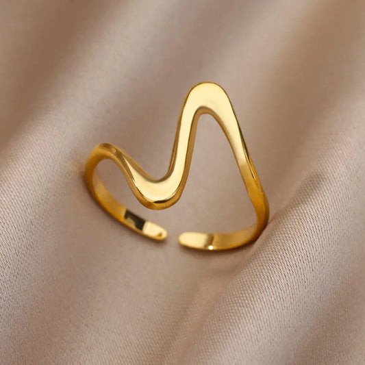 Vintage Geometric Wave Ring – Gold Color Adjustable Stainless Steel Women’s Wedding & Party Jewelry