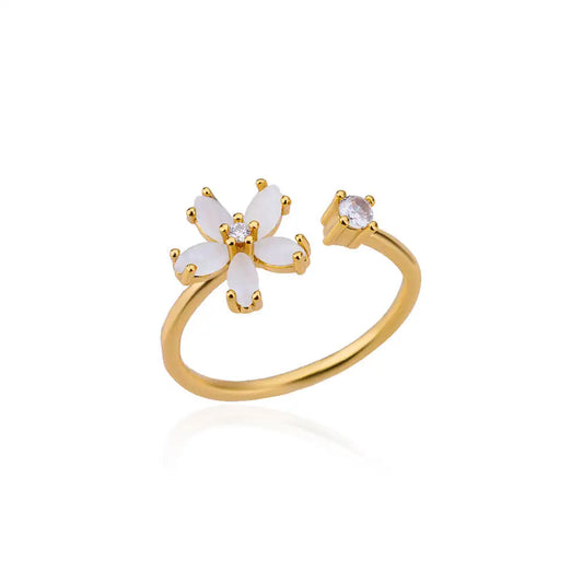Opal Flower Open Ring – Stainless Steel Cubic Zirconia Wedding & Floral Jewelry for Women
