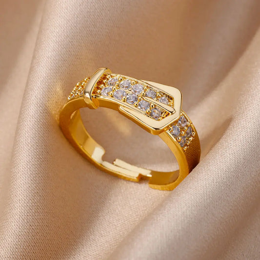 Stainless Steel Belt Ring – Gold-Plated Adjustable Zircon Women’s Geometric Wedding Jewelry