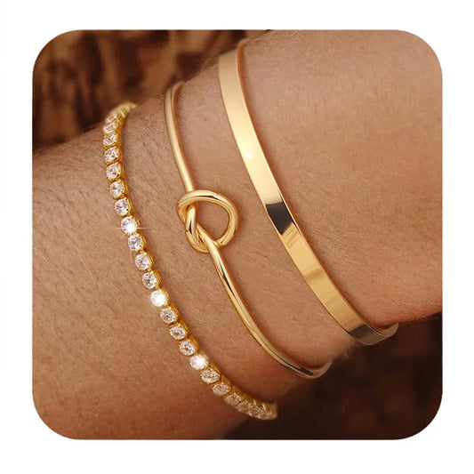 3pcs Stainless Steel Gold Plated Bracelet Set – Adjustable Luxury Zircon Bangles for Women | Trendy Jewelry Gifts