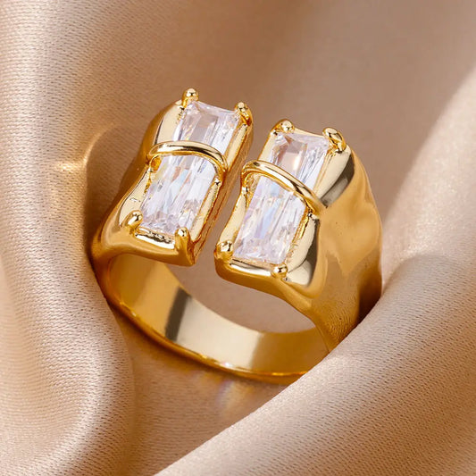 Irregular Square Zircon Ring – Gold Plated Stainless Steel Adjustable Wedding & Party Jewelry for Women