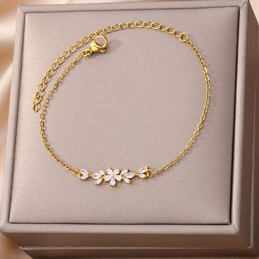🌸 Elegant Zircon Flower Charm Bracelet for Women | Gold Color Stainless Steel Plant Design Luxury Jewelry Gift