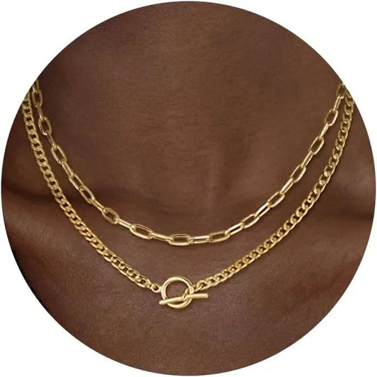 ✨ Gold Layered Necklace for Women – K Gold Plated Cuban Link & Paperclip Chain with Toggle Clasp | Trendy Jewelry Gift