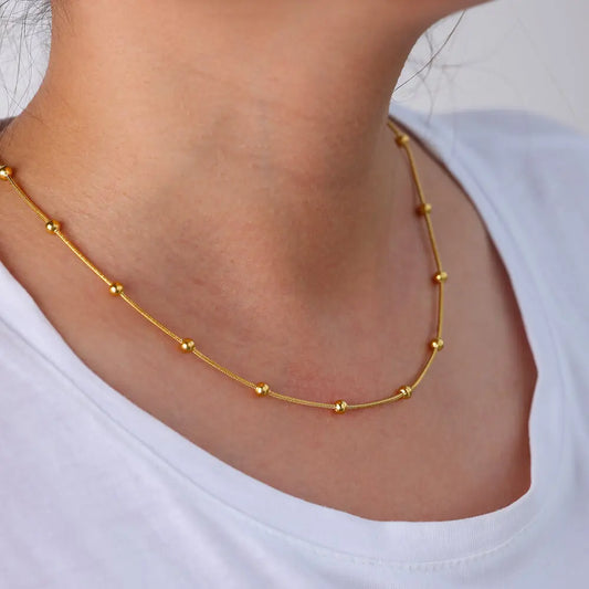 ✨ Stainless Steel Beaded Round Snake Chain Necklace – Gold Geometric Pendant for Women | Luxury Wedding & Party Jewelry Gift BFF