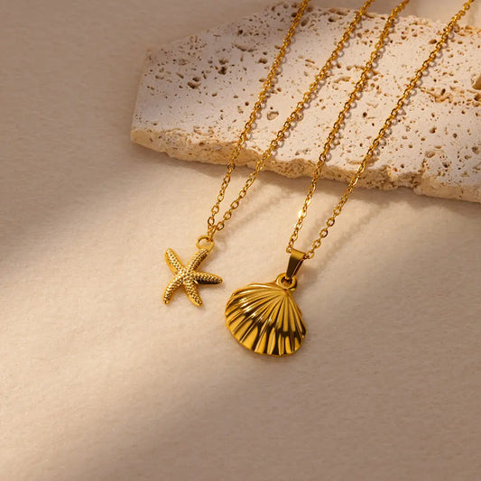 ✨ Vintage Starfish & Shell Necklace for Women – Gold Stainless Steel Ocean Pendant | Summer Jewelry Gift for BFF