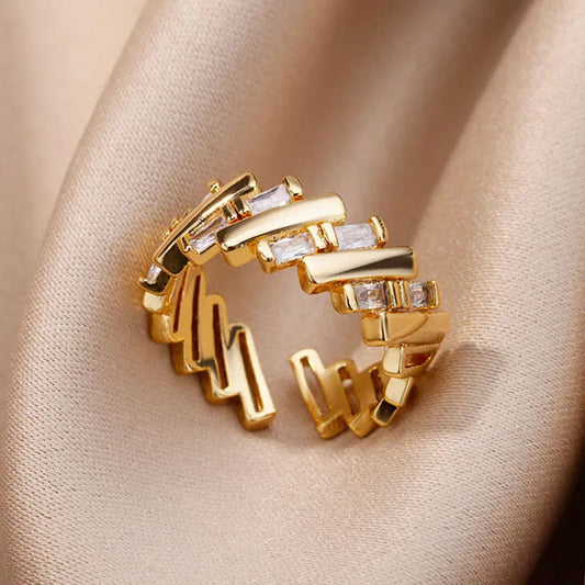 Gold Zircon Bar Open Ring – Stainless Steel Adjustable Luxury Wedding Jewelry for Women
