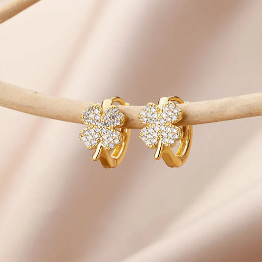 🍀 Zircon Four Leaf Clover Earrings for Women | Stainless Steel Hoop Studs | Aesthetic Wedding & Party Jewelry Gift